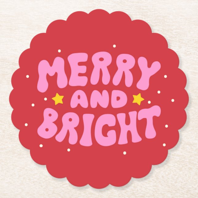 Retro Merry and Bright Holiday Design Paper Coaster (Front)