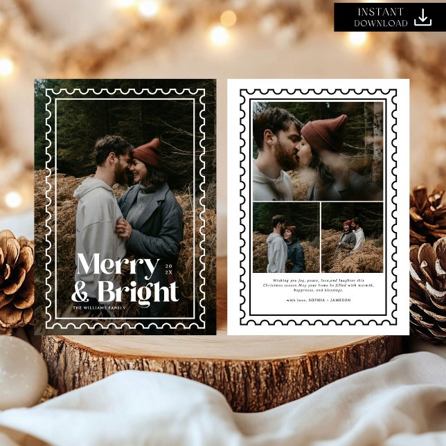 Retro Merry and Bright Stamp family Photo Holiday Card (Creator Uploaded)