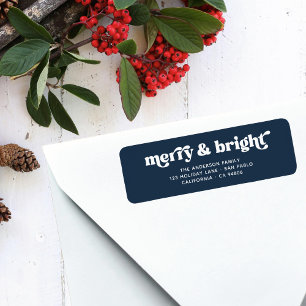 Retro Merry Bright Blue Christmas Return Address Label