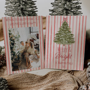 Retro Merry & Bright Red Stripes Christmas Tree Holiday Card
