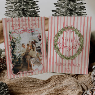 Retro Merry & Bright Stripes Christmas Bow Wreath Holiday Card
