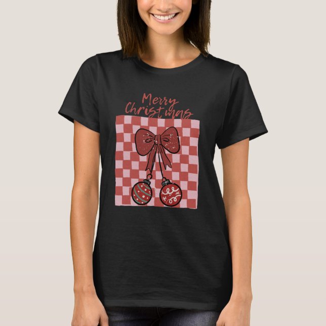 Retro Merry Christmas Bow and Ornaments Design T-Shirt (Front)