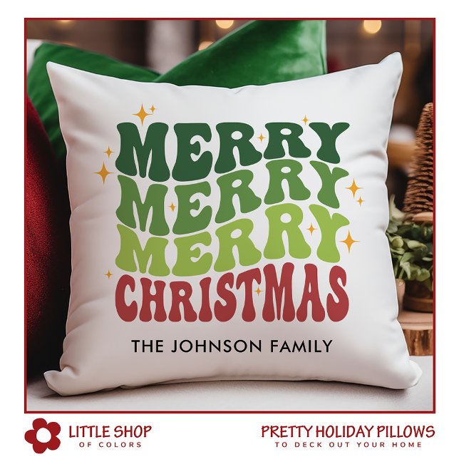 Retro Merry Christmas Customisable Name Cushion (Creator Uploaded)