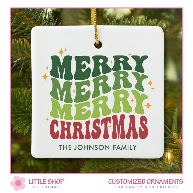 Retro Merry Christmas Customisable Photo Ceramic Ornament (Creator Uploaded)