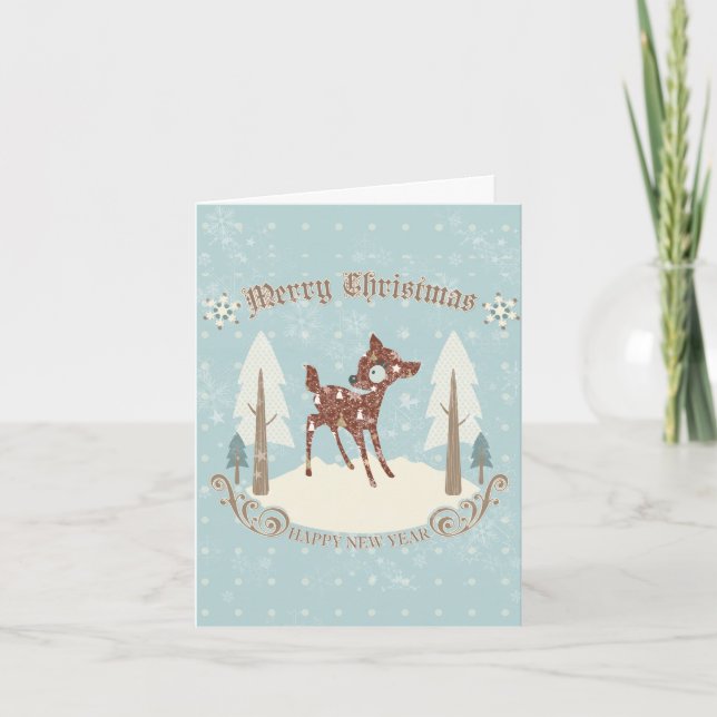 Retro Merry Christmas Cute Rain-Deer Holiday Card (Front)