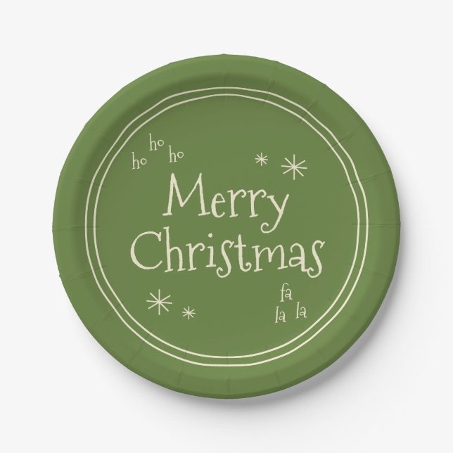Retro Merry Christmas Cute Simple Cheerful Green Paper Plate (Front)