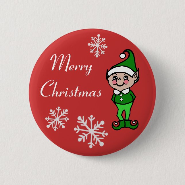 Retro Merry Christmas Holiday Elf Button Pin (Front)