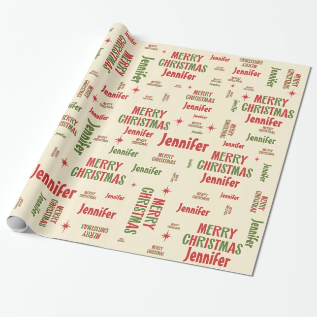 Retro Merry Christmas Jennifer Personalised Name Wrapping Paper (Unrolled)
