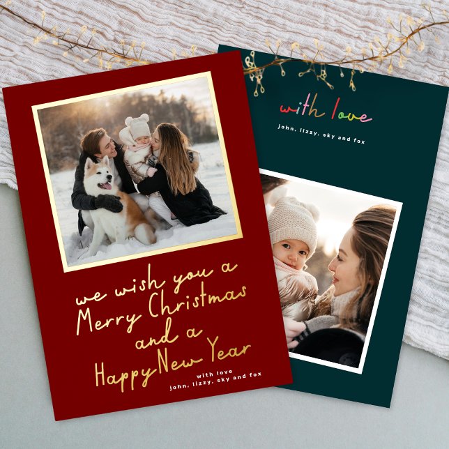 retro merry christmas new year 2 photo red green foil holiday card (Creator Uploaded)