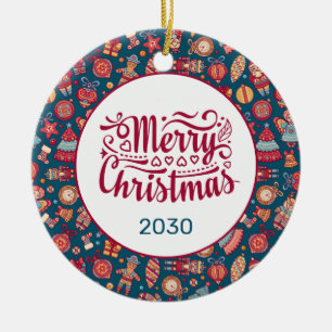 Retro Merry Christmas Personalised Ceramic Ornament