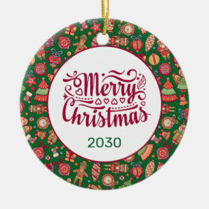 Retro Merry Christmas Personalised Ceramic Ornament