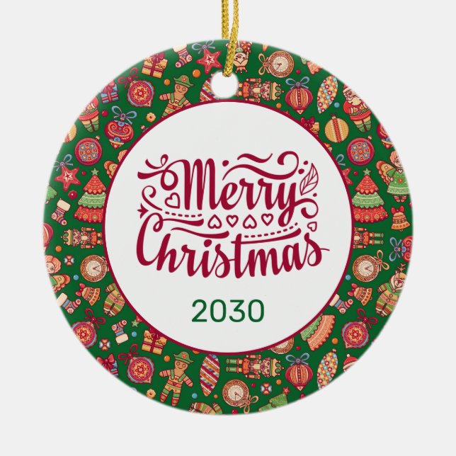 Retro Merry Christmas Personalised Ceramic Ornament (Front)