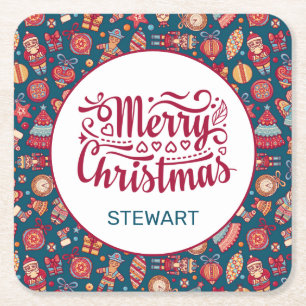 Retro Merry Christmas Personalised Square Paper Coaster