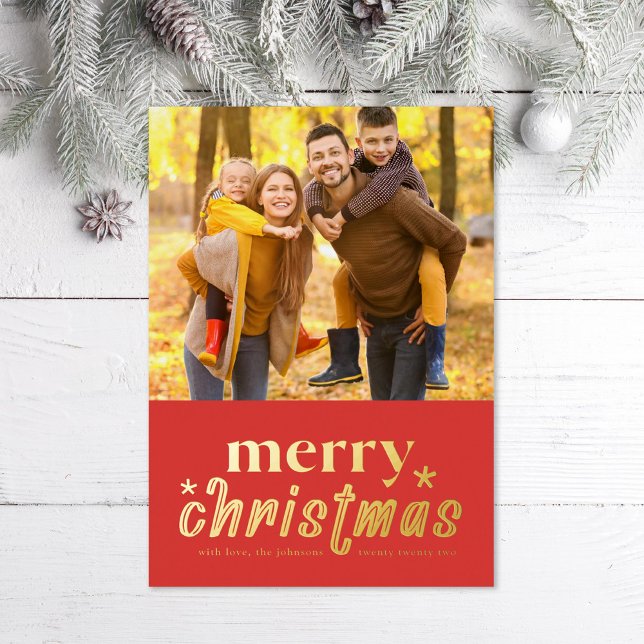 Retro Merry Christmas Photo Foil Holiday Card (Creator Uploaded)