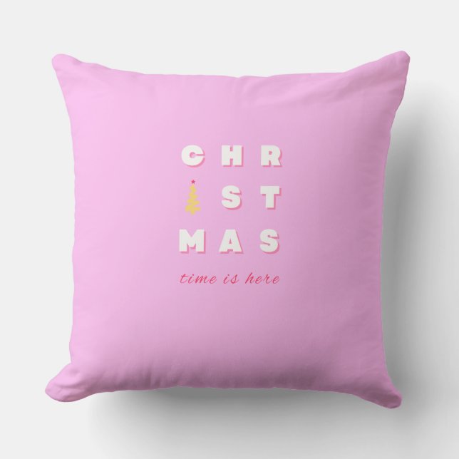 Retro Merry Christmas Pink Holiday Decor Preppy Cushion (Front)