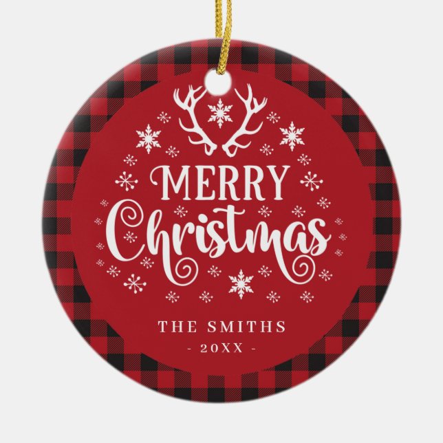 Retro Merry Christmas Red and White Custom Ceramic Ornament (Front)
