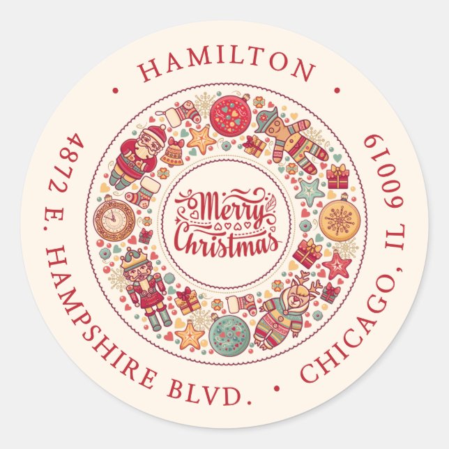 Retro Merry Christmas Return Address Classic Round Sticker (Front)