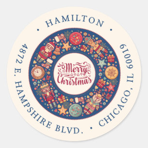 Retro Merry Christmas Return Address Classic Round Sticker