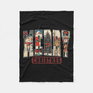 Retro Merry Christmas Santa Xmas Tree Snowman Nutc Fleece Blanket