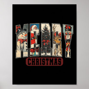 Retro Merry Christmas Santa Xmas Tree Snowman Nutc Poster