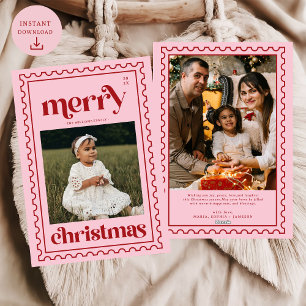 Retro Merry Christmas Stamp Photo Family Holiday Card