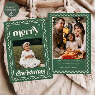 Retro Merry Christmas Stamp Photo Family  Holiday Card