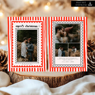 Retro Merry Christmas Stamp Sripes family Photo Holiday Card