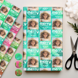 Retro Merry Christmas Tie-Dye Teal Photo 70s Vibe Wrapping Paper Sheet
