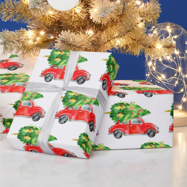 Retro Merry Christmas Tree Red Farm Truck Holiday Wrapping Paper (Holidays)