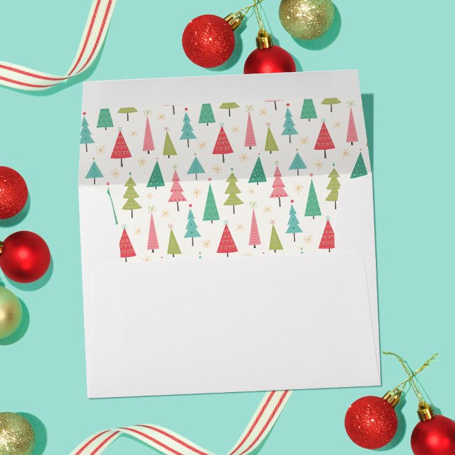 Retro Merry Christmas Trees Fun Holiday Pattern Envelope (Envelope on table)