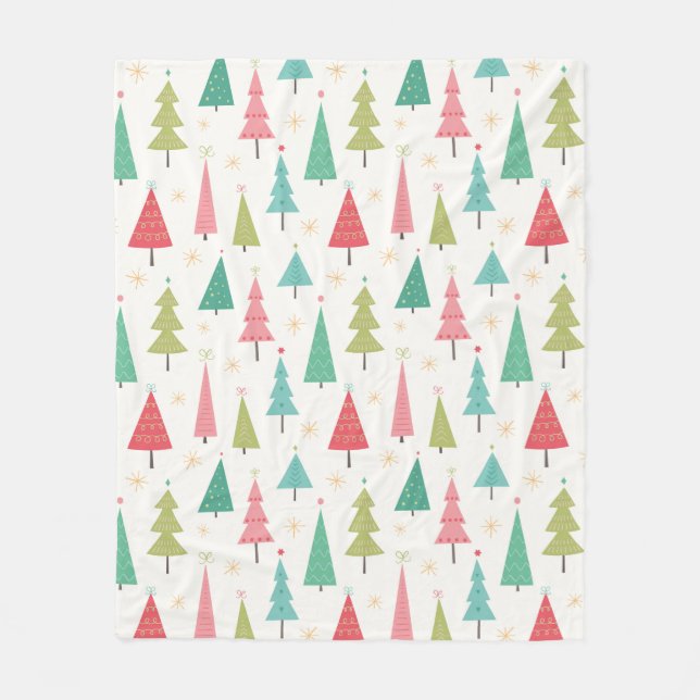 Retro Merry Christmas Trees Fun Holiday Pattern Fleece Blanket (Front)