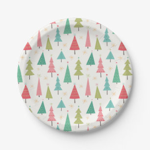 Retro Merry Christmas Trees Fun Holiday Pattern Paper Plate