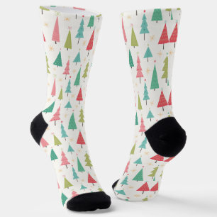 Retro Merry Christmas Trees Fun Holiday Pattern Socks
