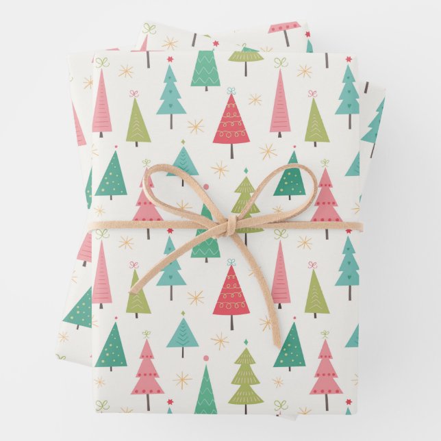 Retro Merry Christmas Trees Fun Holiday Pattern Wrapping Paper Sheet (In situ)