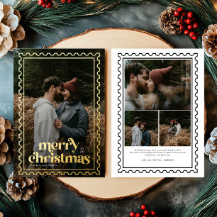 Retro Merry Christmas Trendy photo family  Foil Holiday Card