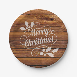 Retro Merry Christmas Typography Barn Wood Paper Plate