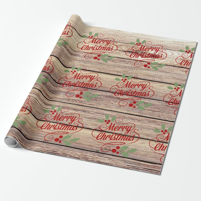 Retro Merry Christmas Typography Birch Wood Wrapping Paper (Unrolled)