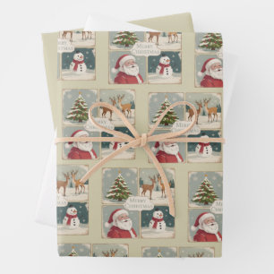 Retro Merry Christmas Vintage Santa Claus Tree Wrapping Paper Sheet
