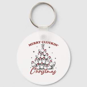Retro Merry Cluckin Christmas Chicken Tree Farm An Key Ring