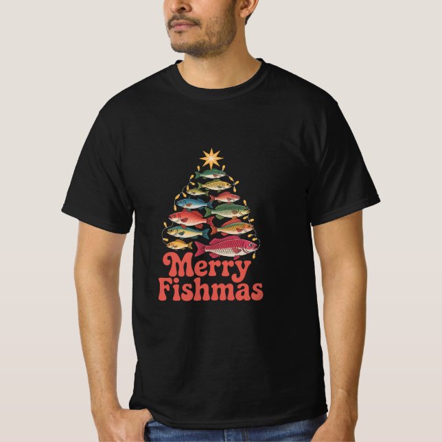 Retro Merry Fishmas Fisherman Christmas Humor T-Shirt (Front)