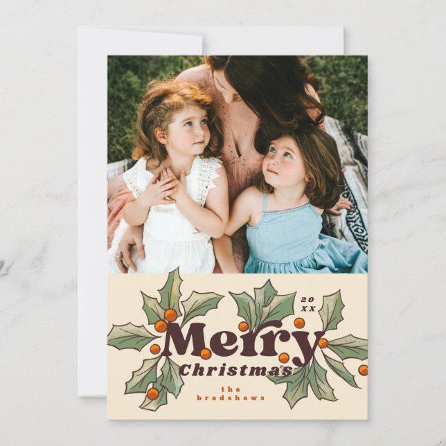 Retro Merry Holly Photo Holiday Card (Front)