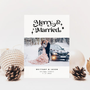 Retro Merry & Married Minimalist Photo  Holiday Card