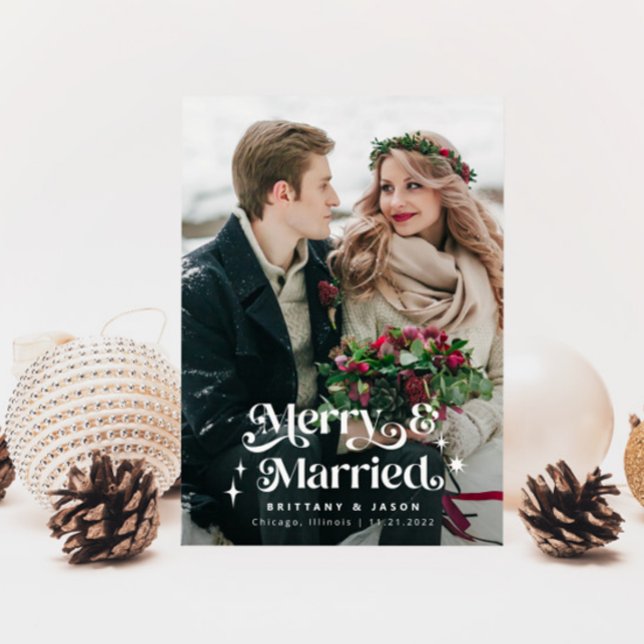 Retro Merry & Married Photo Overlay Text Holiday Card (Creator Uploaded)