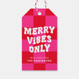 Retro Merry Vibes Only Chequered Pink and Red Gift Tags