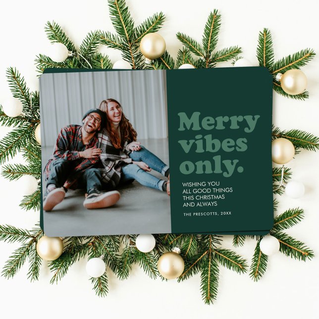 Retro Merry Vibes Only fun green photo Holiday Card (Creator Uploaded)