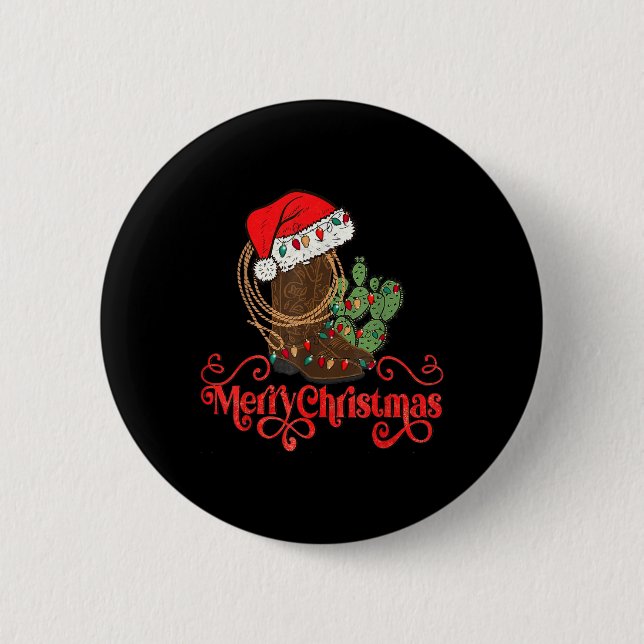 Retro Merry Xmas Santa Hat Cowboy Boots Western Ch 6 Cm Round Badge (Front)