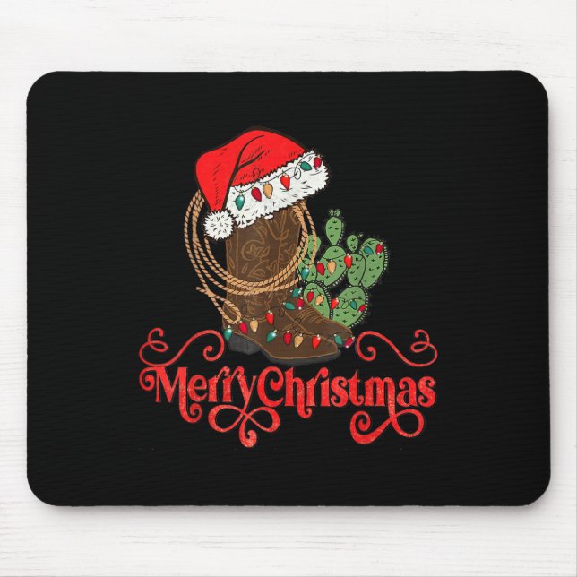 Retro Merry Xmas Santa Hat Cowboy Boots Western Ch Mouse Pad (Front)