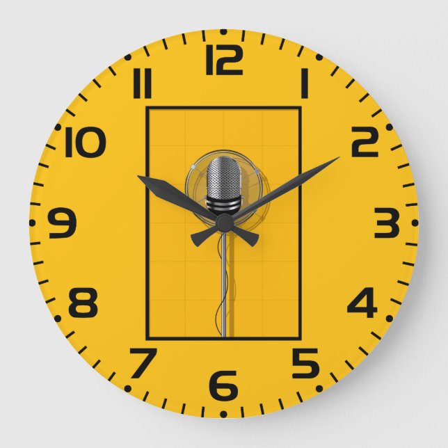 Retro Microphone on Bold Yellow Large Clock (Front)