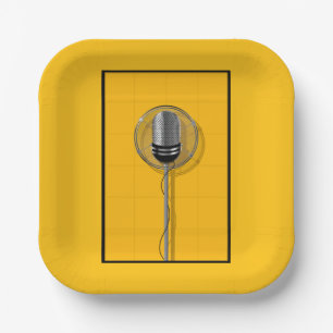 Retro Microphone on Bold Yellow Paper Plate