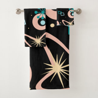 Retro Mid Century Abstract Pattern Teal And Coral Bath Towel Set